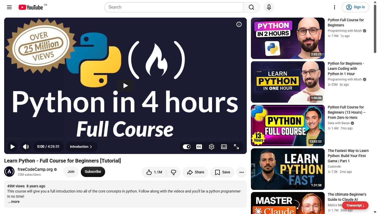 Open a video and press Transcript